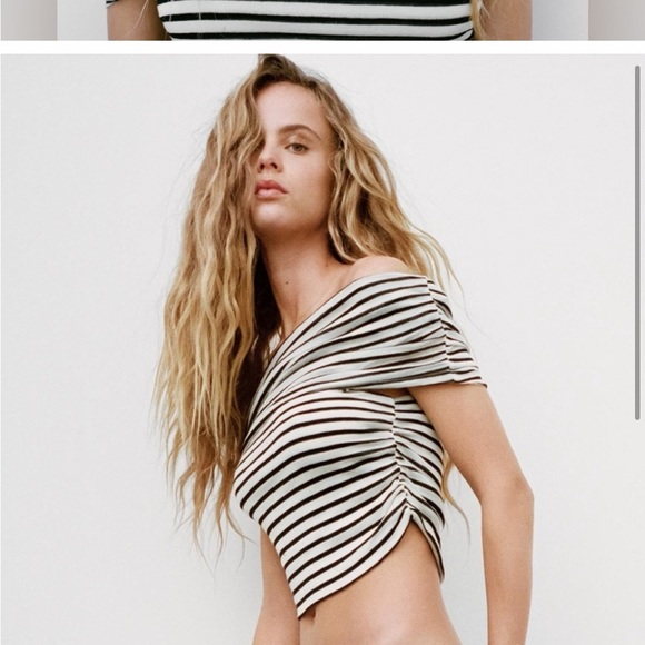 NWT Zara Stripe RUCHED OFF-THE-SHOULDER TOP. Size Medium - Picture 3 of 6